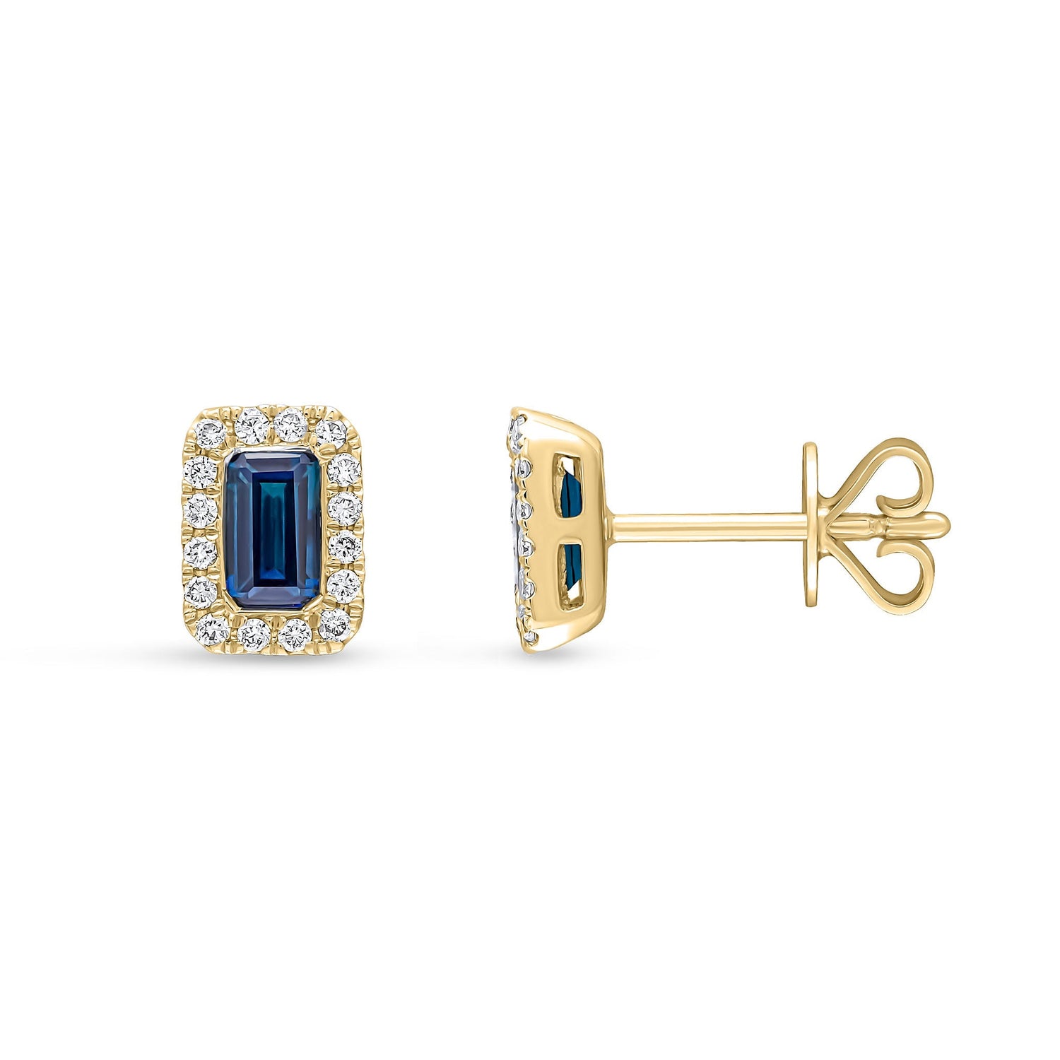 18ct Yellow Gold Octagonal Emerald Cut Natural Sapphire and Diamond Cluster Earrings — 5x3mm