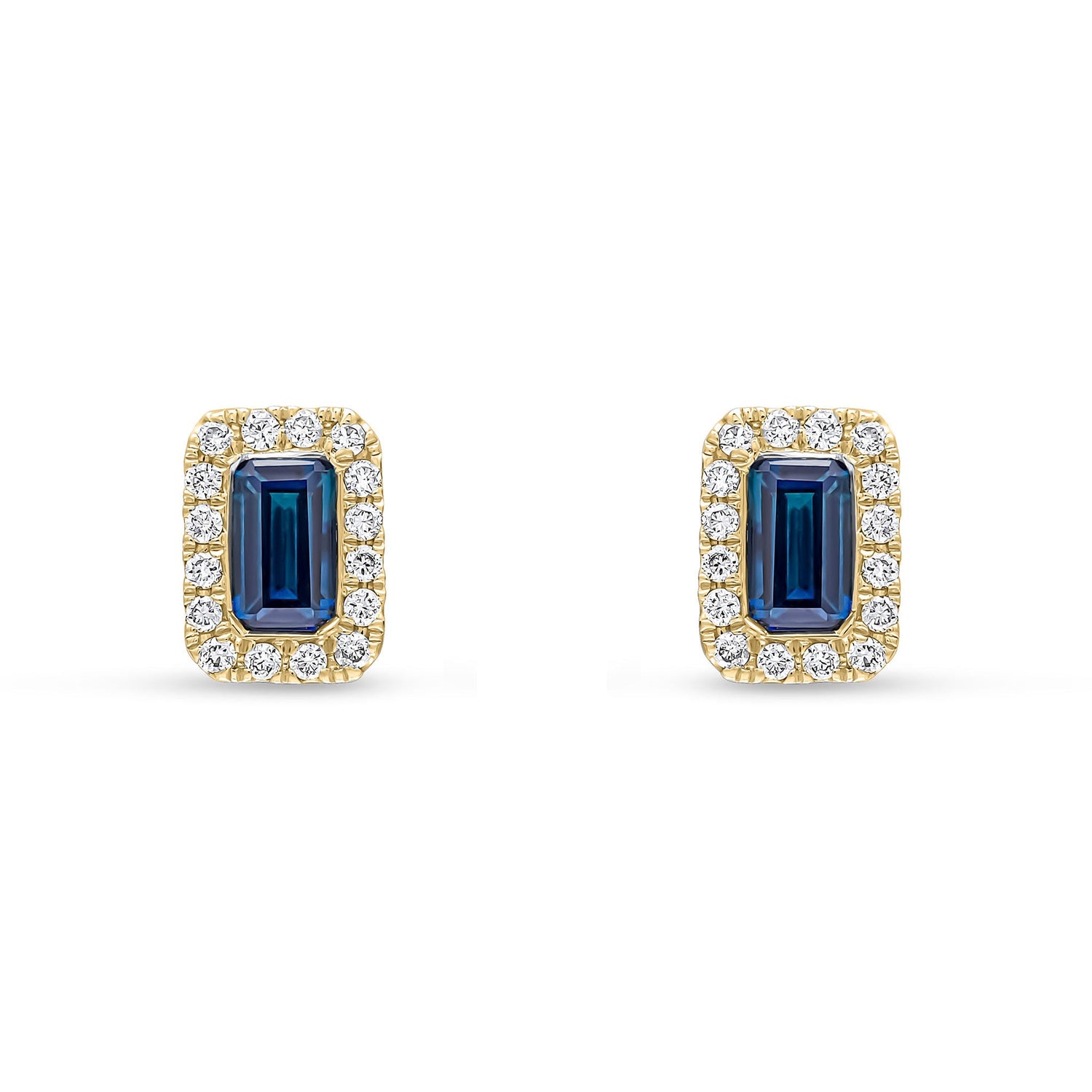 18ct Yellow Gold Octagonal Emerald Cut Natural Sapphire and Diamond Cluster Earrings — 5x3mm