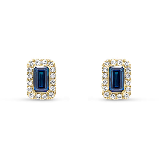 18ct Yellow Gold Octagonal Emerald Cut Natural Sapphire and Diamond Cluster Earrings — 5x3mm