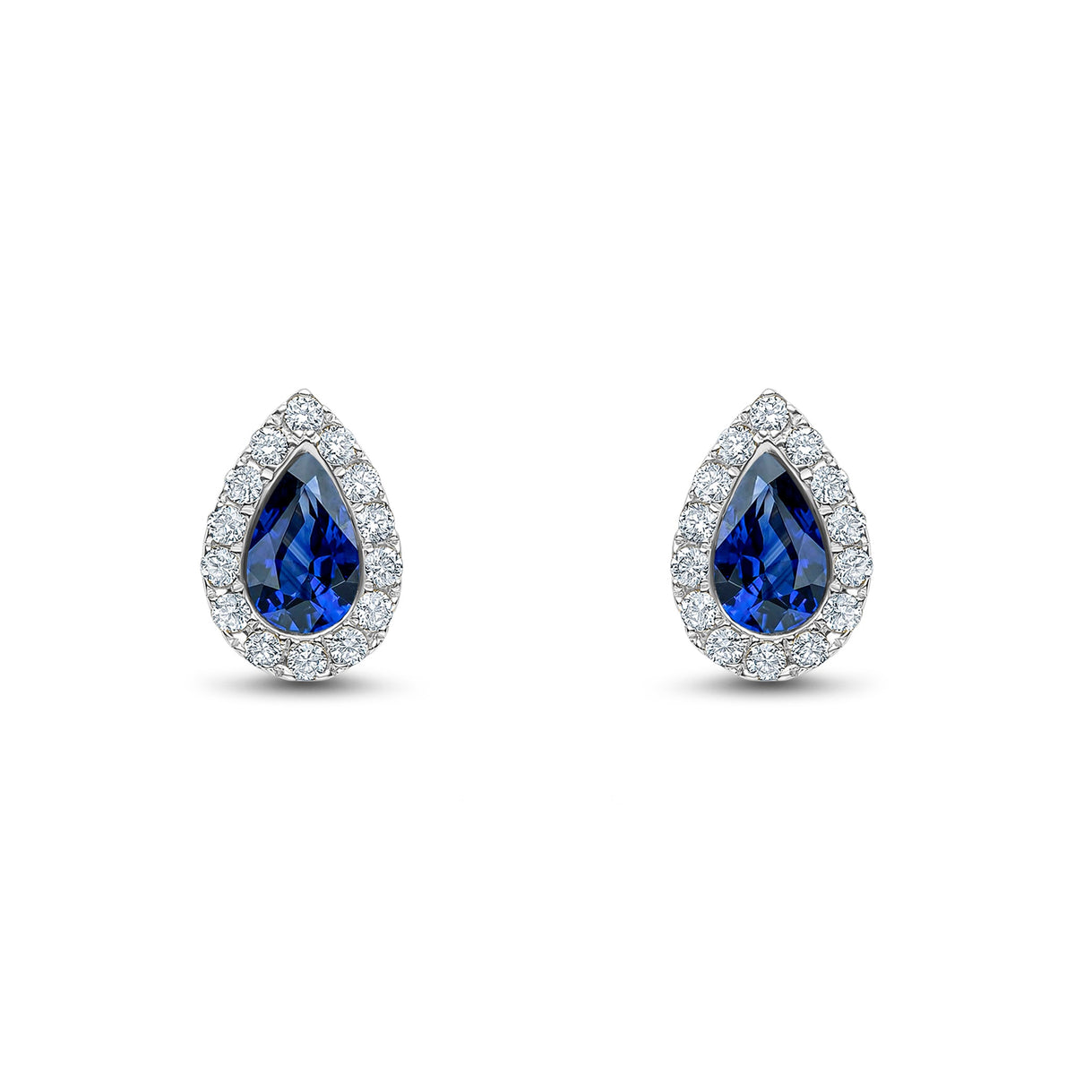 18ct White Gold Pear Shaped Natural Sapphire & Diamond Cluster Stud Earrings — 5x3mm