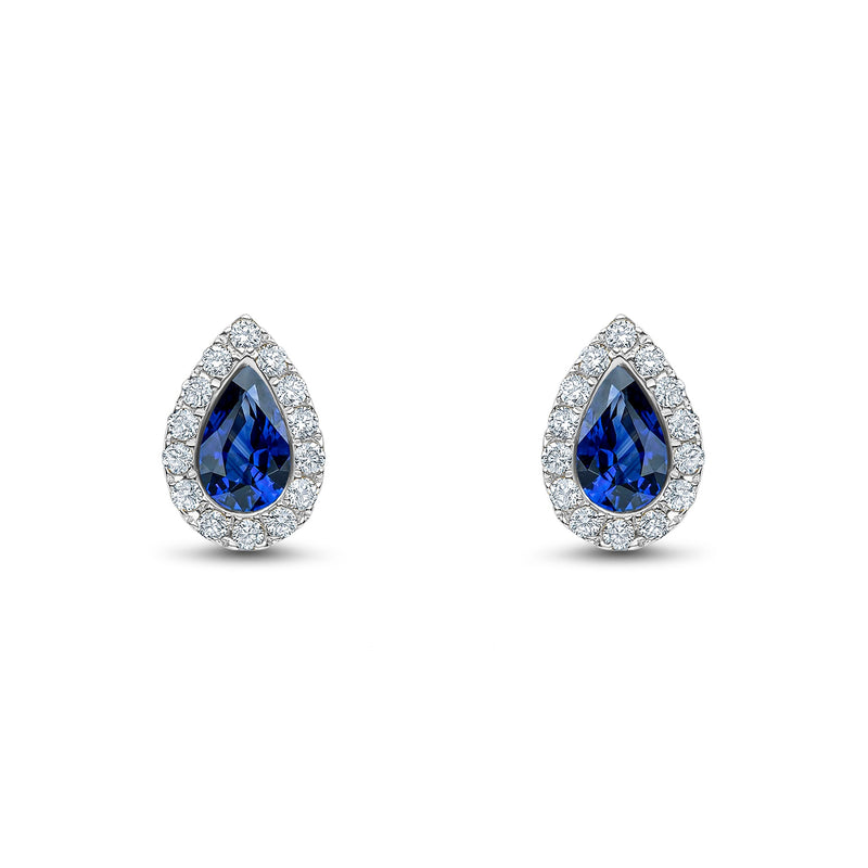 18ct White Gold Pear Shaped Natural Sapphire & Diamond Cluster Stud Earrings — 5x3mm