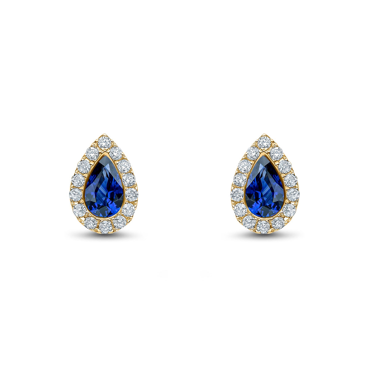 18ct Yellow Gold Pear Shaped Natural Sapphire & Diamond Cluster Stud Earrings — 5x3mm