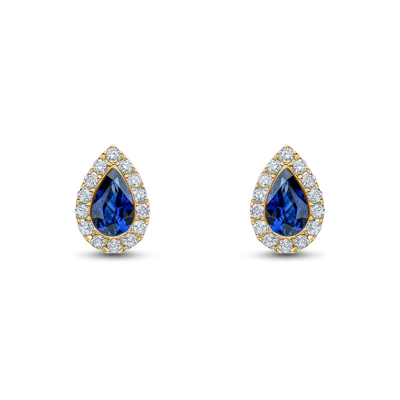 18ct Yellow Gold Pear Shaped Natural Sapphire & Diamond Cluster Stud Earrings — 5x3mm