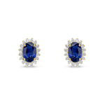 18ct Yellow Gold Oval Natural Sapphire & Diamond Claw Set Cluster Stud Earrings — 6x4mm
