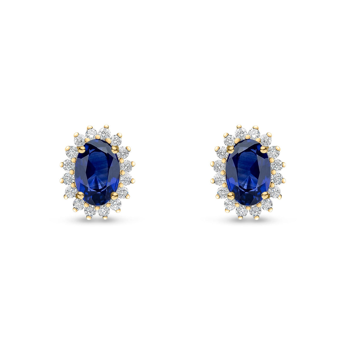 18ct Yellow Gold Oval Natural Sapphire & Diamond Claw Set Cluster Stud Earrings — 6x4mm