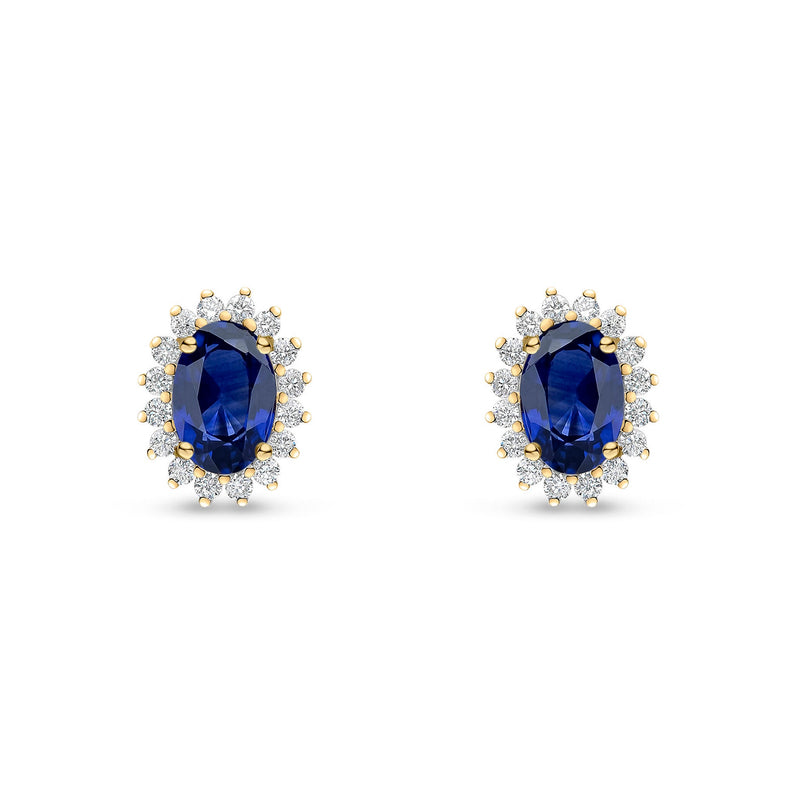 18ct Yellow Gold Oval Natural Sapphire & Diamond Claw Set Cluster Stud Earrings — 6x4mm
