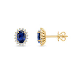 18ct Yellow Gold Oval Natural Sapphire & Diamond Claw Set Cluster Stud Earrings — 6x4mm