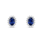 18ct White Gold Oval Natural Sapphire & Diamond Claw Set Cluster Stud Earrings — 6x4mm