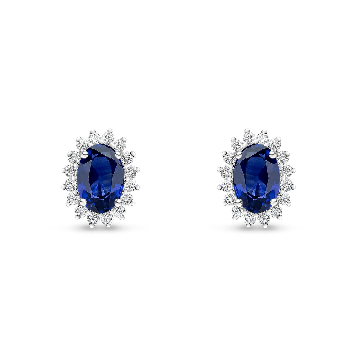 18ct White Gold Oval Natural Sapphire & Diamond Claw Set Cluster Stud Earrings — 6x4mm