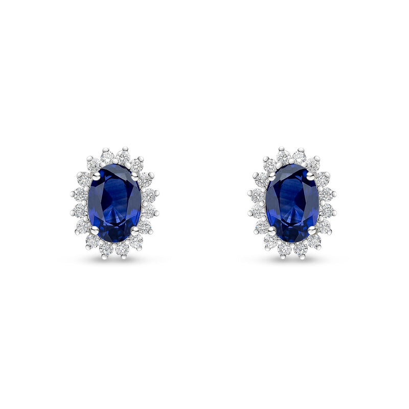 18ct White Gold Oval Natural Sapphire & Diamond Claw Set Cluster Stud Earrings — 6x4mm