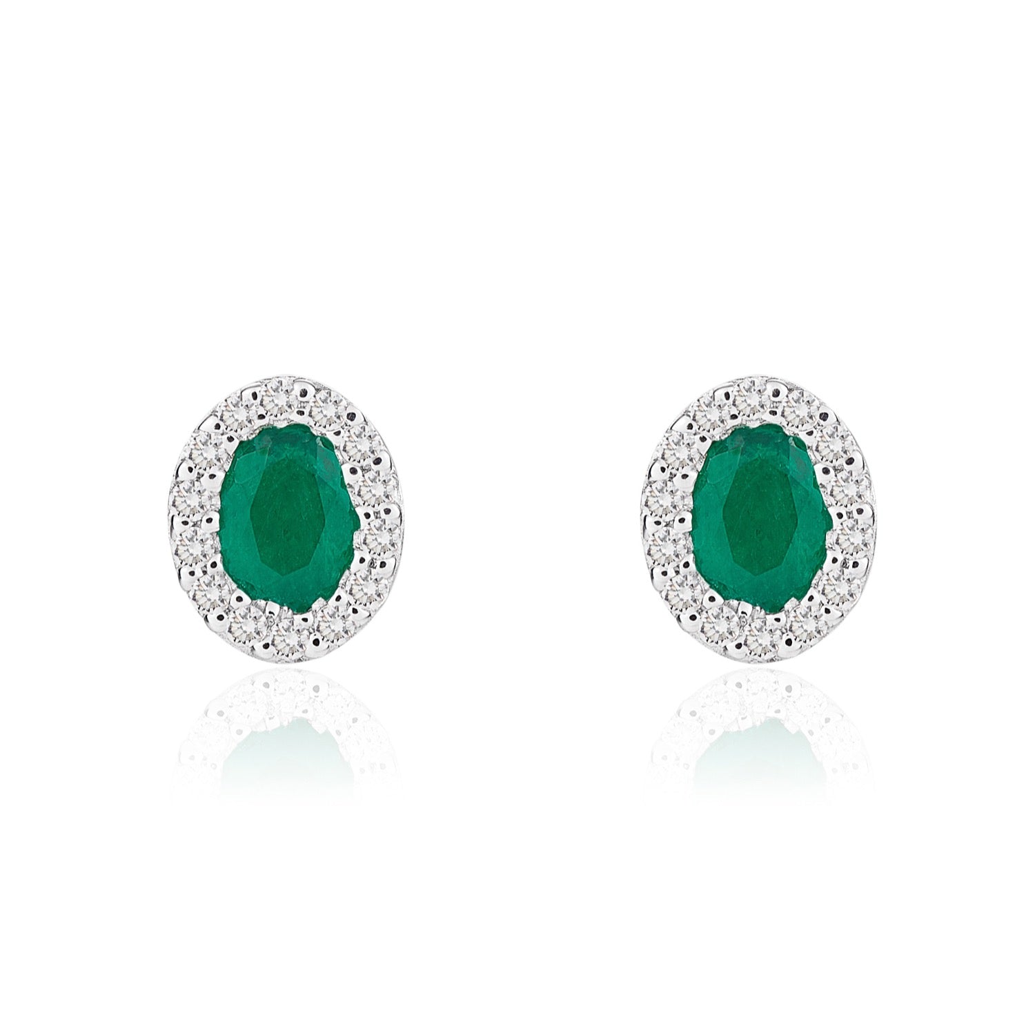 18ct White Gold Oval Natural Emerald And Diamond Microset Cluster Earrings — 4x3mm