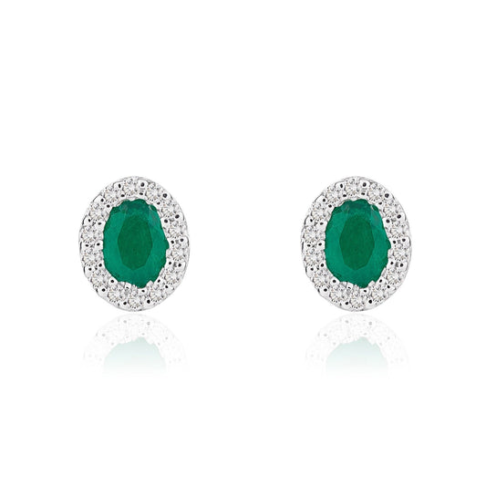 18ct White Gold Oval Natural Emerald And Diamond Microset Cluster Earrings — 4x3mm