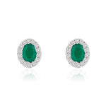 18ct White Gold Oval Natural Emerald & Diamond Microset Cluster Stud Earrings — 4x3mm