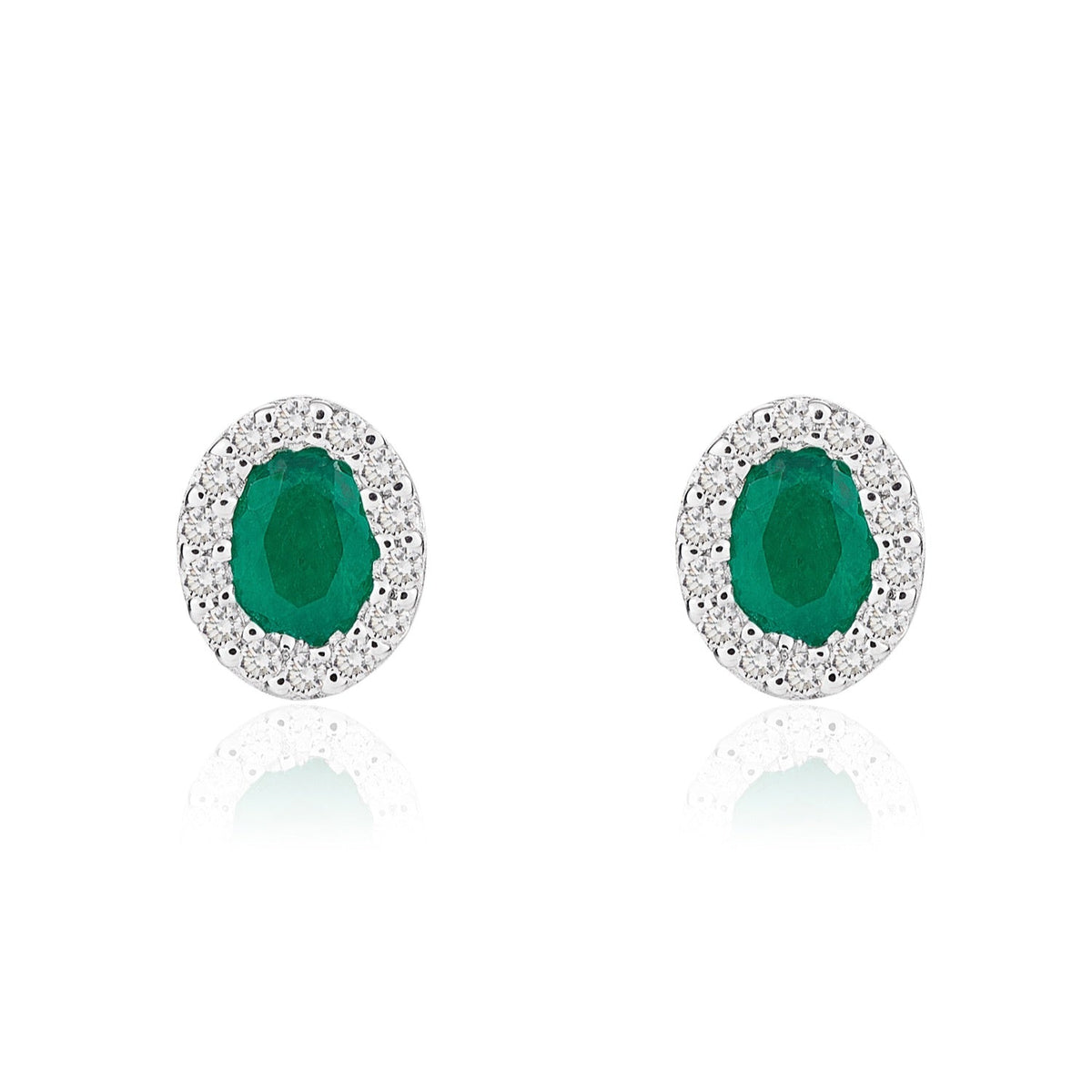 18ct White Gold Oval Natural Emerald & Diamond Microset Cluster Stud Earrings — 4x3mm