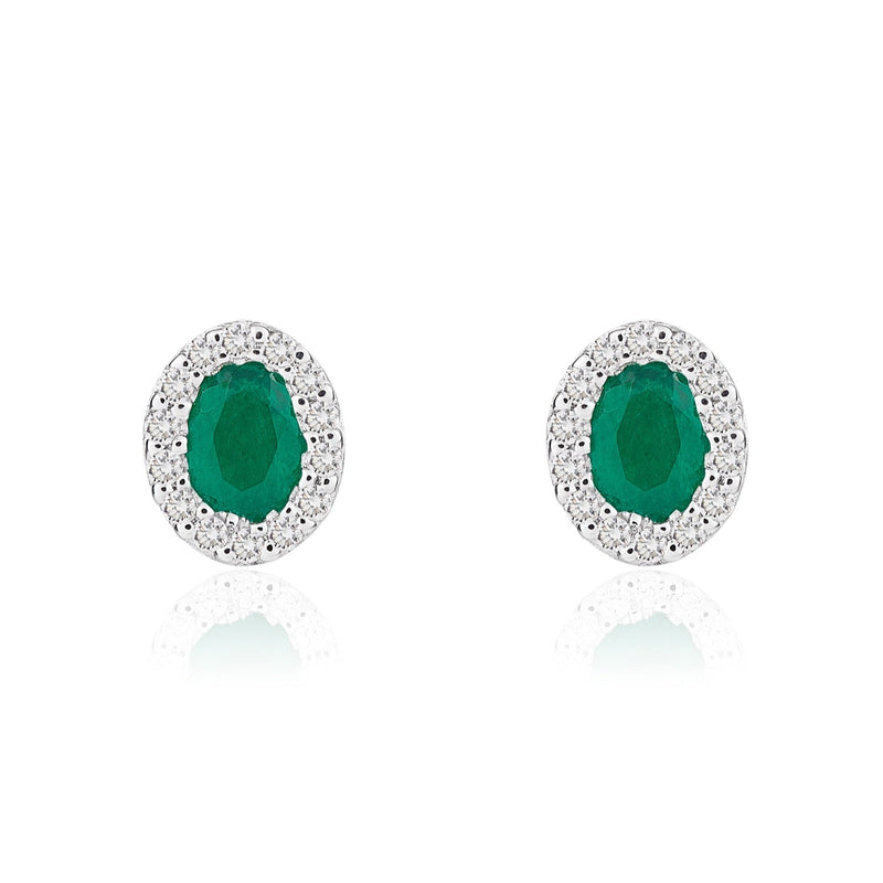 18ct White Gold Oval Natural Emerald & Diamond Microset Cluster Stud Earrings — 4x3mm