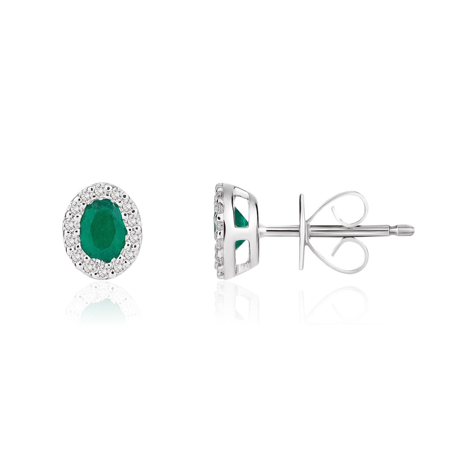 18ct White Gold Oval Natural Emerald And Diamond Microset Cluster Earrings — 4x3mm