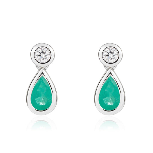 18ct White Gold Pear Shaped Natural Emerald and Diamond Rubover 2 Stone Drop Earrings — 5x3mm