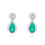 18ct White Gold Pear Shaped Natural Emerald & Diamond Two Stone Rubover Drop Earrings — 5x3mm