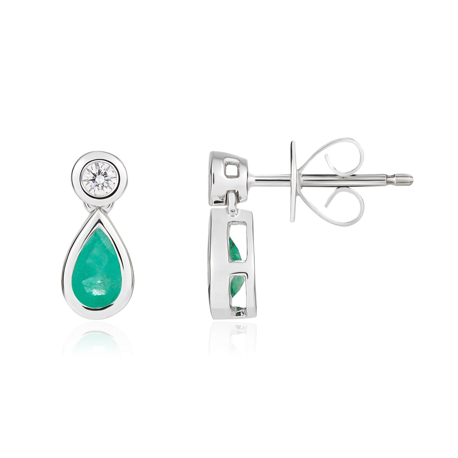 18ct White Gold Pear Shaped Natural Emerald and Diamond Rubover 2 Stone Drop Earrings — 5x3mm