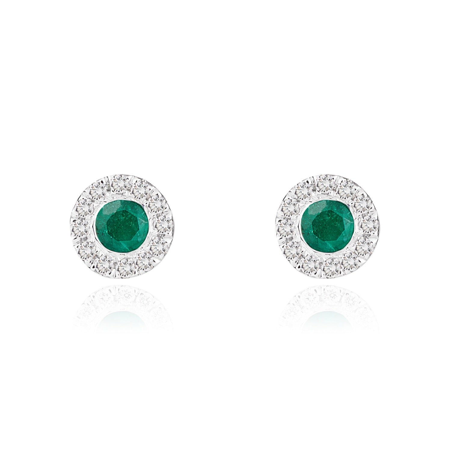 18ct White Gold Round Natural Emerald And Diamond Microset Cluster Earrings — 3mm