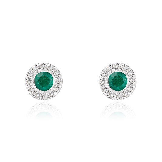 18ct White Gold Round Natural Emerald And Diamond Microset Cluster Earrings — 3mm