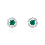 18ct White Gold Round Natural Emerald & Diamond Cluster Stud Earrings — 3mm