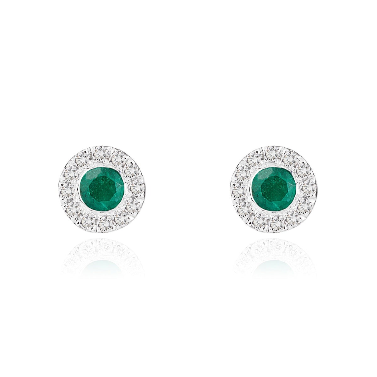 18ct White Gold Round Natural Emerald & Diamond Cluster Stud Earrings — 3mm