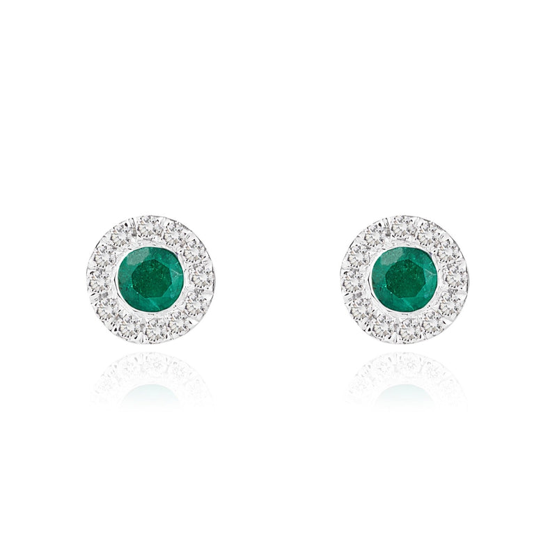 18ct White Gold Round Natural Emerald & Diamond Cluster Stud Earrings — 3mm