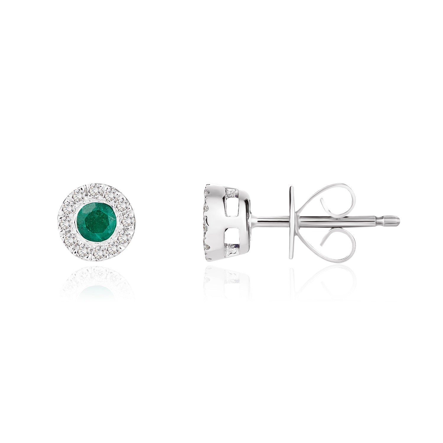 18ct White Gold Round Natural Emerald And Diamond Microset Cluster Earrings — 3mm