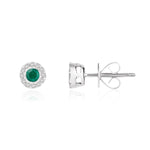 18ct White Gold Round Natural Emerald & Diamond Cluster Stud Earrings — 3mm