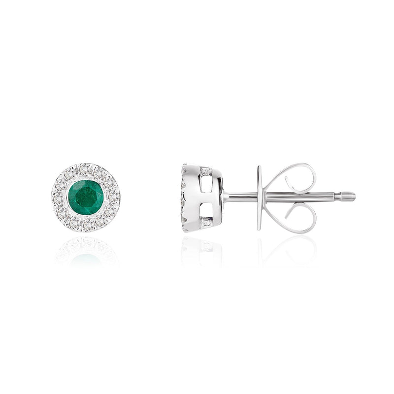 18ct White Gold Round Natural Emerald & Diamond Cluster Stud Earrings — 3mm