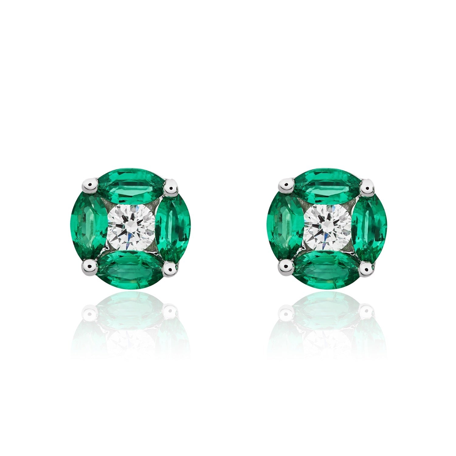 18ct White Gold Marquise Natural Emerald and Diamond Cluster Earrings — 6.4mm