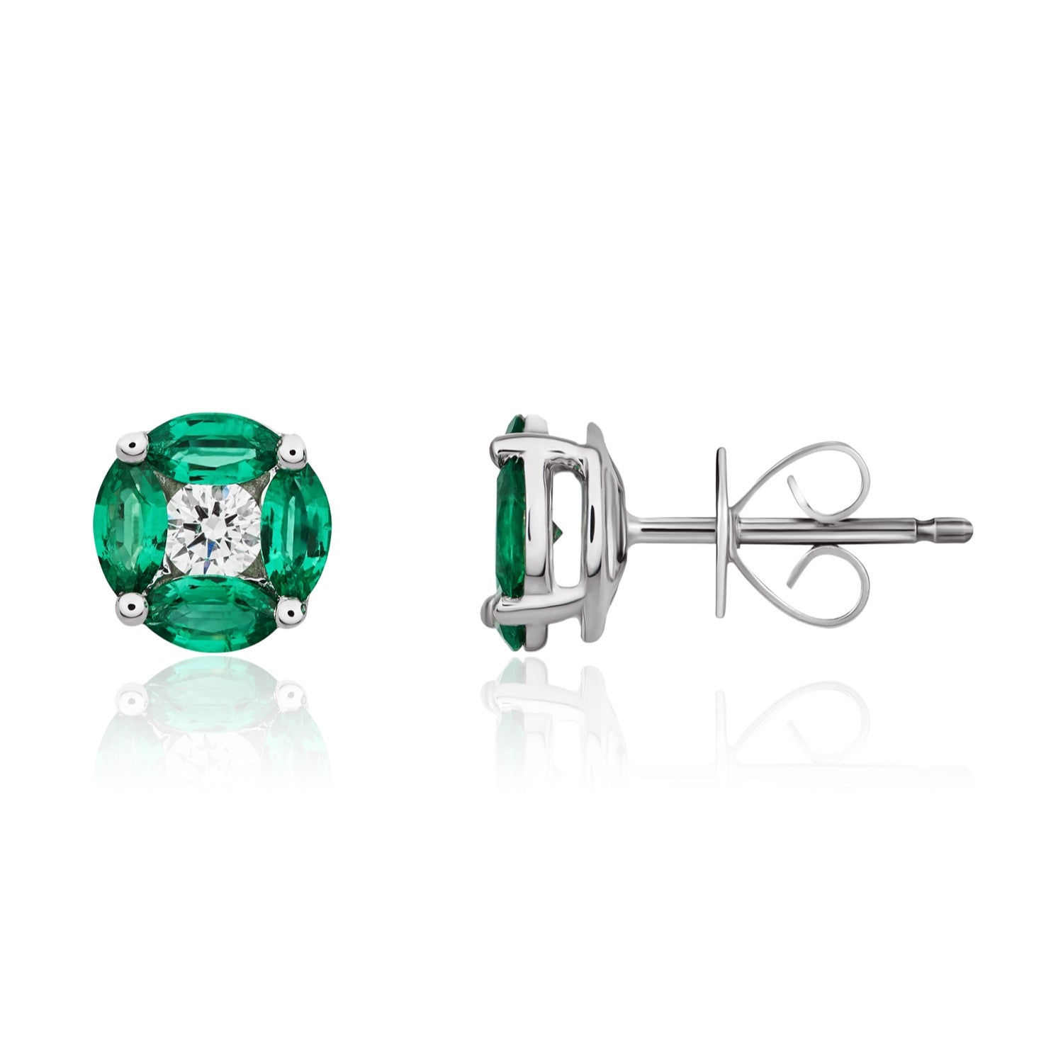 18ct White Gold Marquise Natural Emerald and Diamond Cluster Earrings — 6.4mm