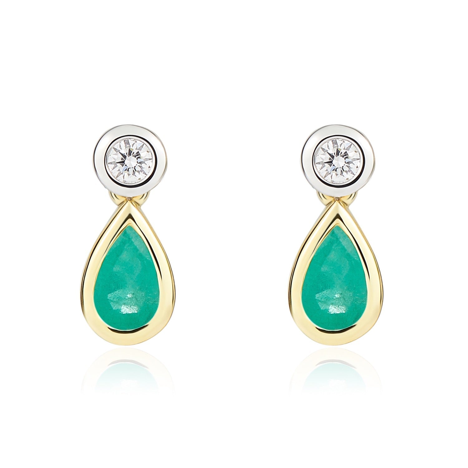 18ct Yellow and White Gold Pear Shaped  Natural Emerald and Round Diamond Two Stone Drop Earrings — 5x3mm