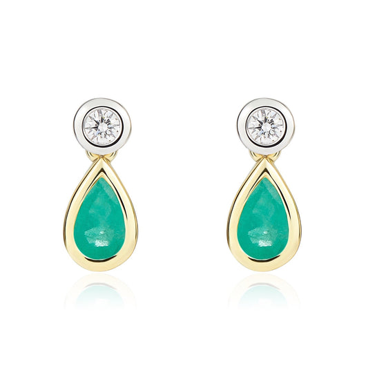 18ct Yellow and White Gold Pear Shaped  Natural Emerald and Round Diamond Two Stone Drop Earrings — 5x3mm