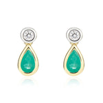 18ct Yellow and White Gold Pear Shaped Natural Emerald & Diamond Two Stone Rubover Drop Earrings — 5x3mm