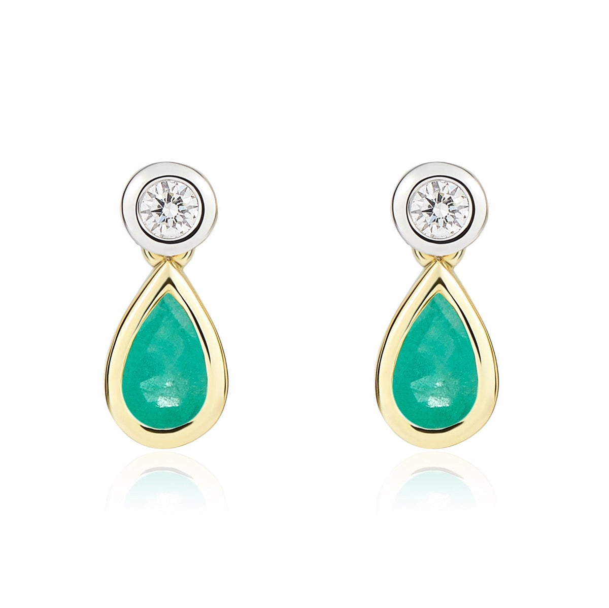 18ct Yellow and White Gold Pear Shaped Natural Emerald & Diamond Two Stone Rubover Drop Earrings — 5x3mm