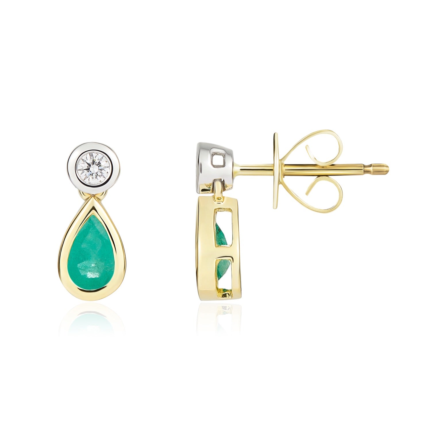18ct Yellow and White Gold Pear Shaped  Natural Emerald and Round Diamond Two Stone Drop Earrings — 5x3mm
