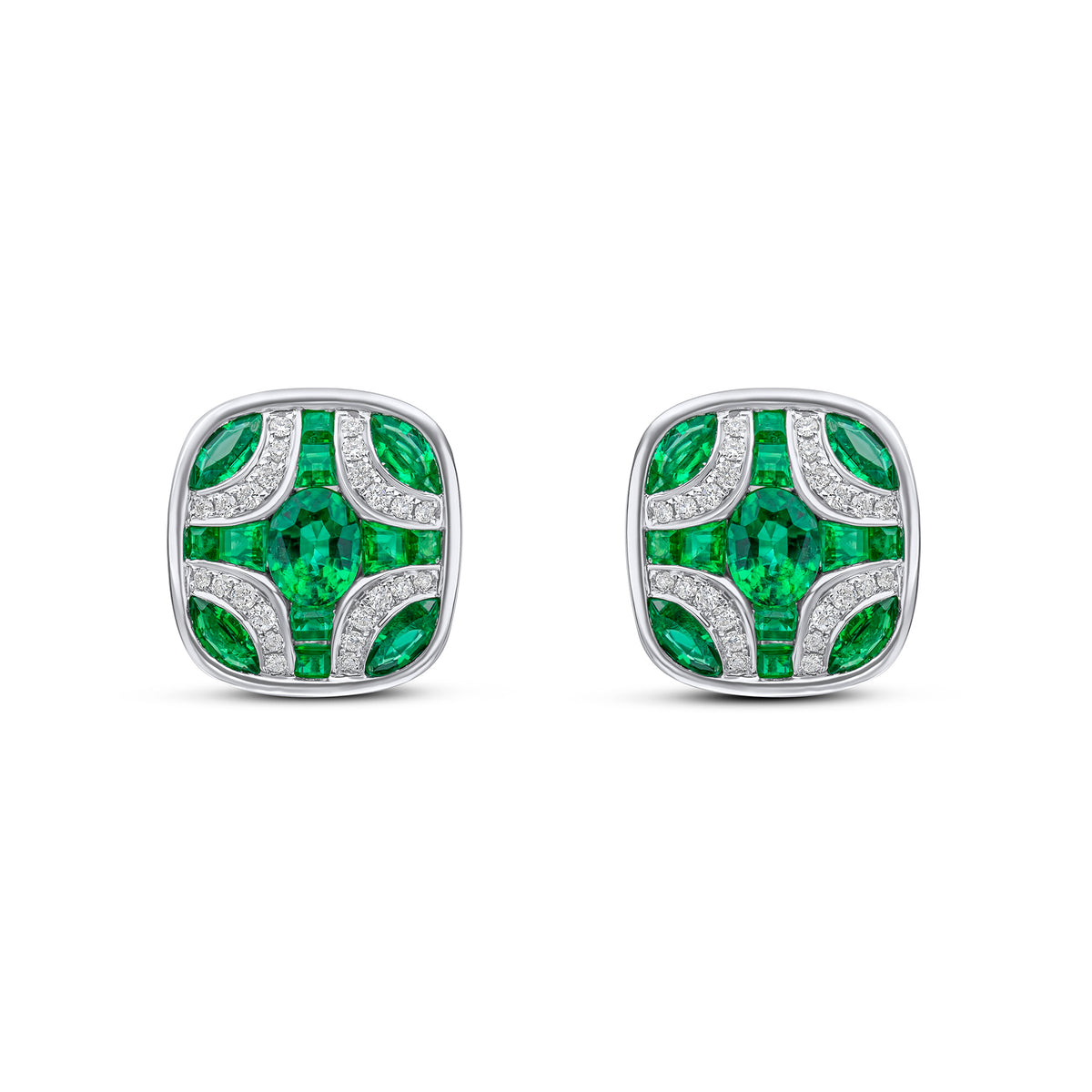 18ct White Gold Natural Emerald & Diamond Shield Stud Earrings