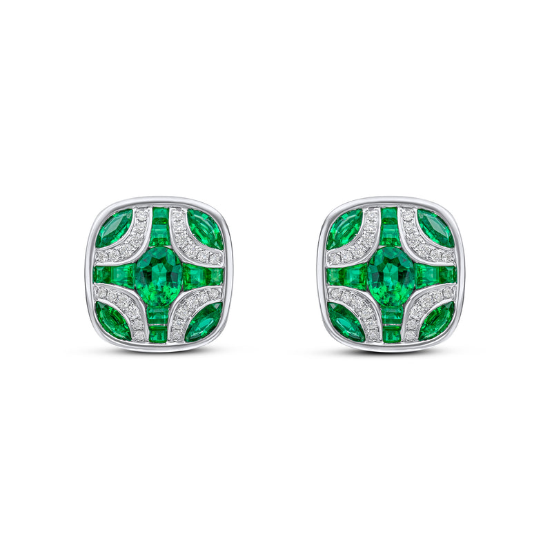 18ct White Gold Natural Emerald & Diamond Shield Stud Earrings