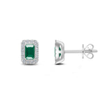 18ct White Gold Octagonal Natural Emerald & Diamond Cluster Stud Earrings — 5x3mm