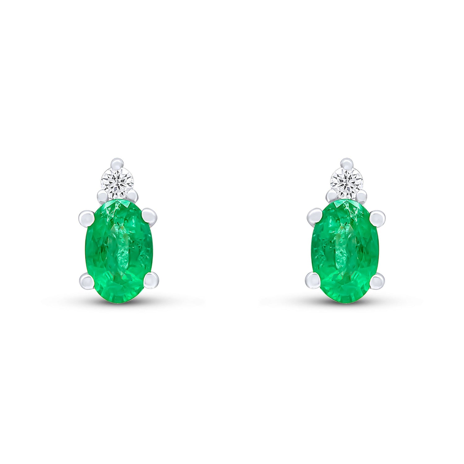 18ct Yellow and White Gold Oval Natural Emerald and Round Diamond Claw Set Two Stone Earrings — 6x4mm