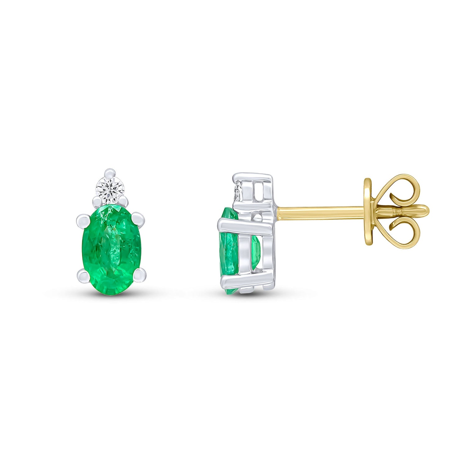 18ct Yellow and White Gold Oval Natural Emerald and Round Diamond Claw Set Two Stone Earrings — 6x4mm