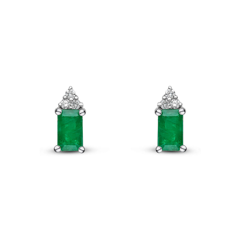18ct Yellow and White Gold Octagonal Natural Emerald & Diamond Trefoil Stud Earrings — 5x3mm