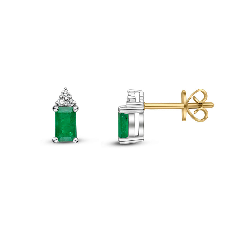 18ct Yellow and White Gold Octagonal Natural Emerald & Diamond Trefoil Stud Earrings — 5x3mm