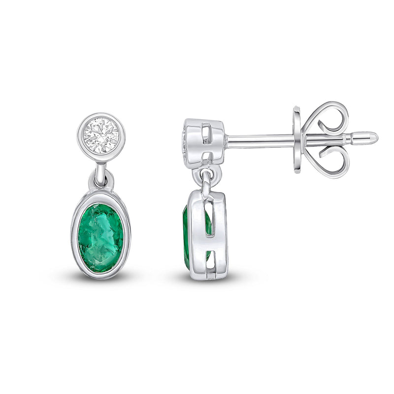 18ct White Gold Oval Natural Emerald & Diamond Two Stone Rubover Drop Earrings — 5x3mm