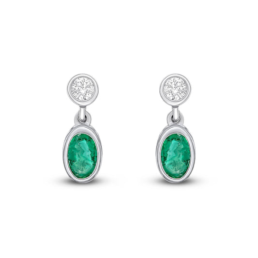 18ct White Gold Oval Natural Emerald and Diamond Two Stone Drop Earrings