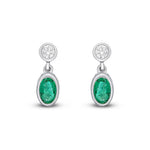 18ct White Gold Oval Natural Emerald & Diamond Two Stone Rubover Drop Earrings — 5x3mm