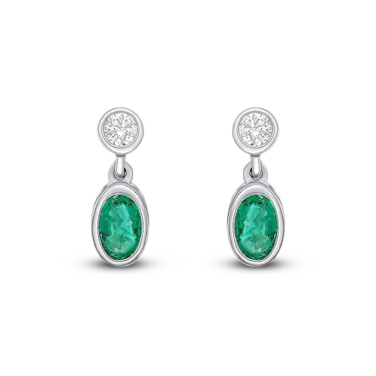 18ct White Gold Oval Natural Emerald & Diamond Two Stone Rubover Drop Earrings — 5x3mm