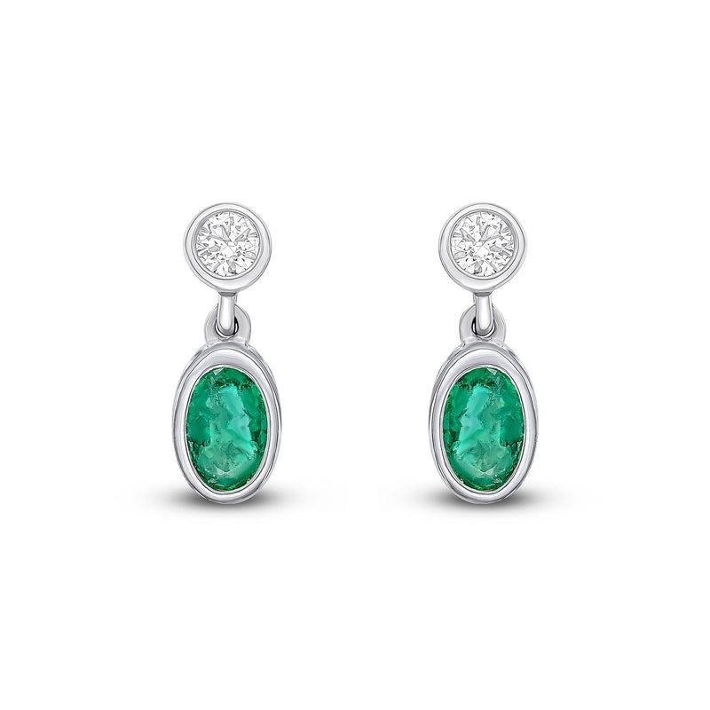18ct White Gold Oval Natural Emerald & Diamond Two Stone Rubover Drop Earrings — 5x3mm
